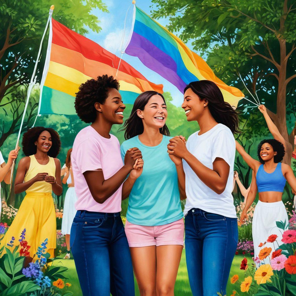 A warm and vibrant illustration showcasing a diverse group of lesbian couples engaged in various activities, symbolizing love and inclusivity. Incorporate elements like hand-holding, laughter, and shared moments in a lush park setting under rainbow flags fluttering in the breeze. The atmosphere should feel joyful and uplifting, with a focus on connection and understanding. Use soft pastels and bright colors to create an inviting scene. super-realistic. vibrant colors. soft pastels.