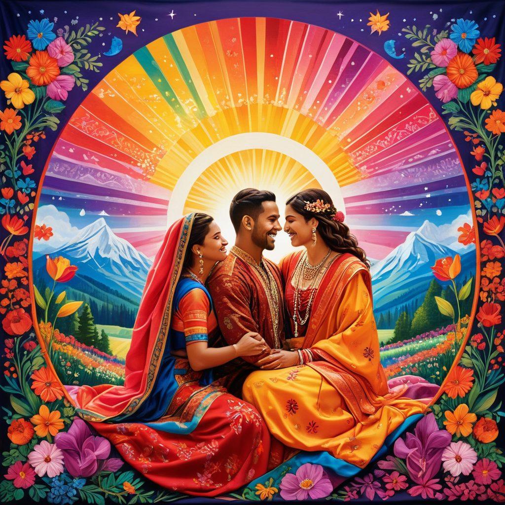 A vibrant tapestry of diverse couples from various cultures celebrating together, surrounded by colorful symbols of love, such as hearts and flowers. Each couple showcases unique traditional attire, embodying their cultural heritage, while the background features a rainbow spectrum that symbolizes unity. Sunlight bathes the scene, creating a warm and inviting atmosphere. super-realistic. vibrant colors. bright background.